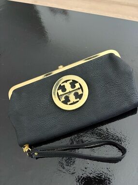 Tory Burch Black Leather Wristlet with Gold Logo